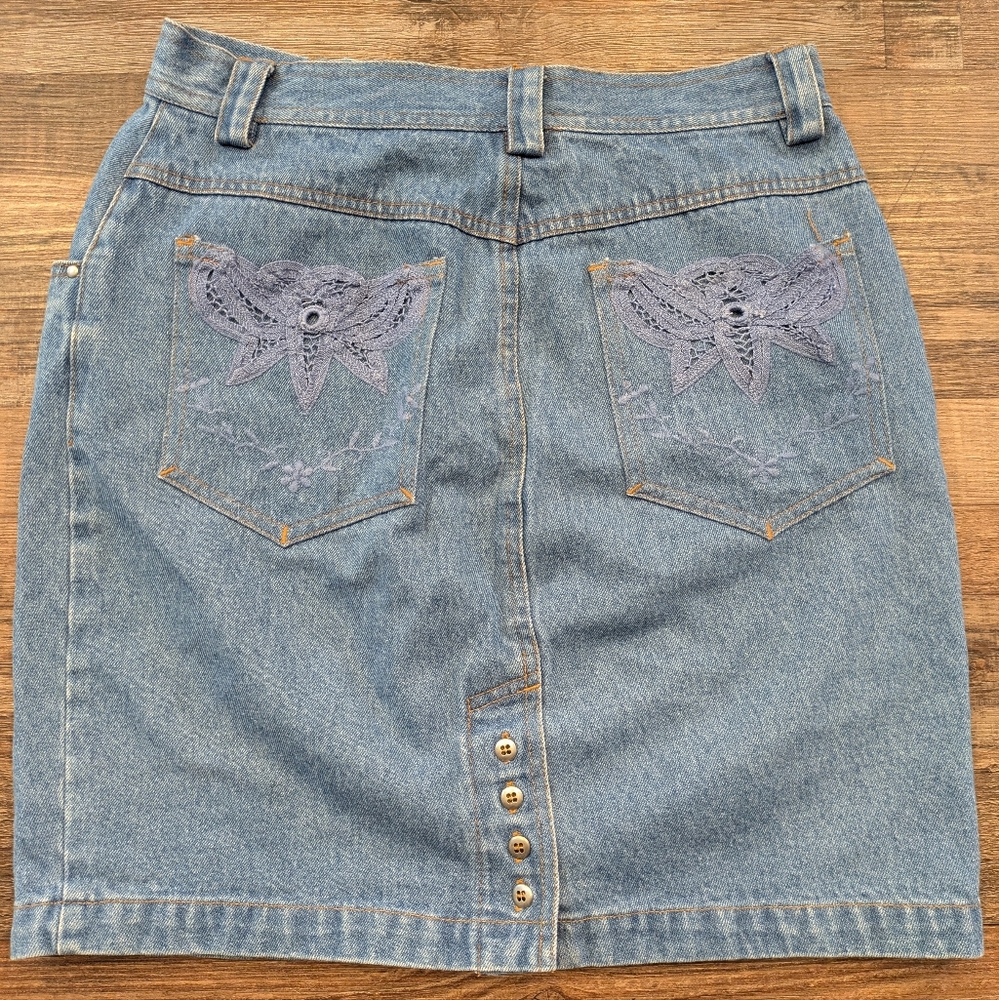 Vintage Together! High Waisted Denim Mini Skirt Lace Buttons Floral Pockets Sz 8